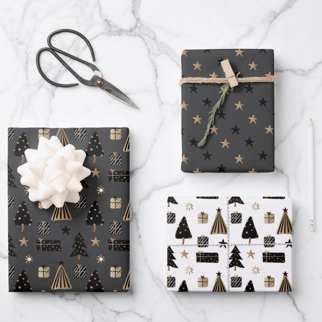 Feuille De Papier Cadeau Élégant Scandi Christmas Gold & Black Wrapping Pap (Recto)
