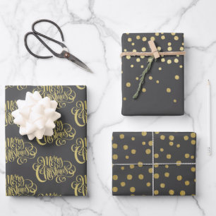 Feuille De Papier Cadeau Élégant script or & Confetti Black Christmas Wra