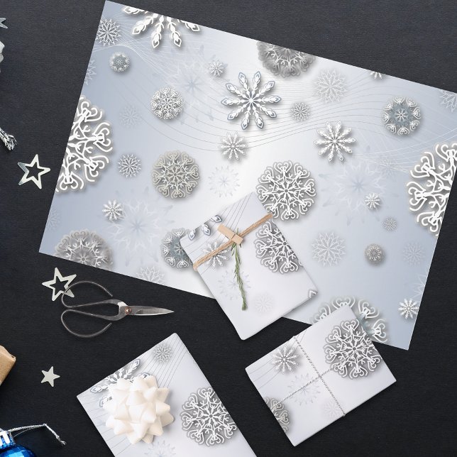 Feuille De Papier Cadeau Élégant Snowflakes D'Hiver Sur Argent (Créateur téléchargé)