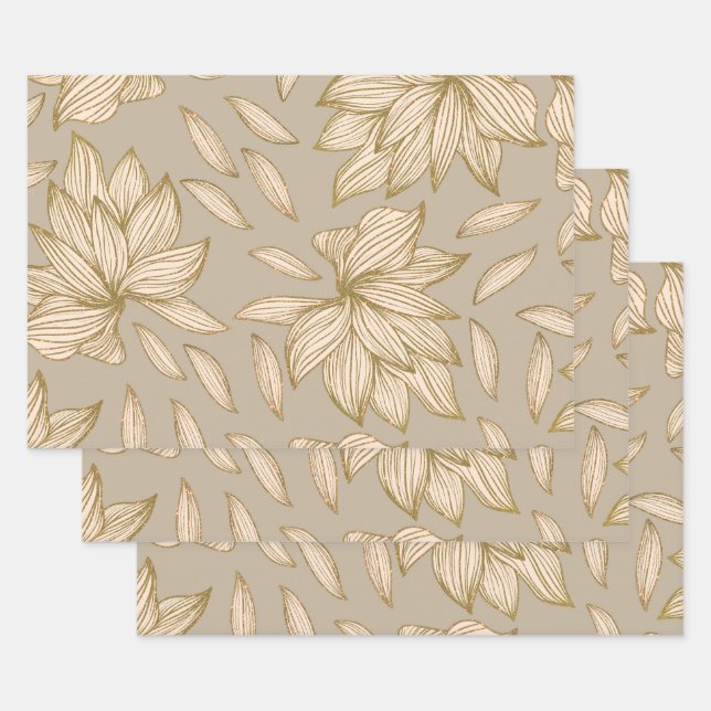 Feuille De Papier Cadeau Elégant Taupe Gold Parties scintillant Floral Line (Lot)