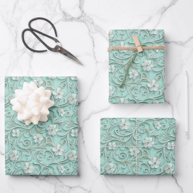 Feuille De Papier Cadeau Elegant teal swirl flower pattern  (Recto)