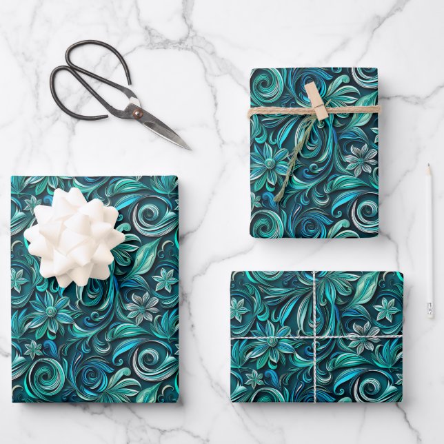 Feuille De Papier Cadeau Elegant teal swirl leaf pattern (Recto)
