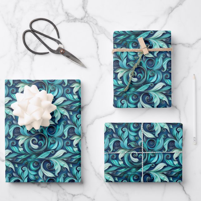 Feuille De Papier Cadeau Elegant teal swirl leaf pattern  (Recto)