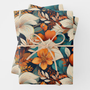 Feuille De Papier Cadeau Élégant Turquoise Orange Flower Motif Floral