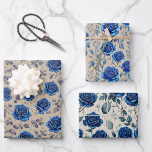 Feuille De Papier Cadeau Elégant Vintage Marine Blue Roses Flora Motif