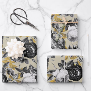 Feuille De Papier Cadeau Elégant Vintage noir blanc Rose Floral Beige