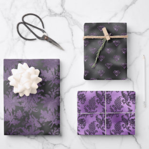 Feuille De Papier Cadeau Élégant violet noir floral