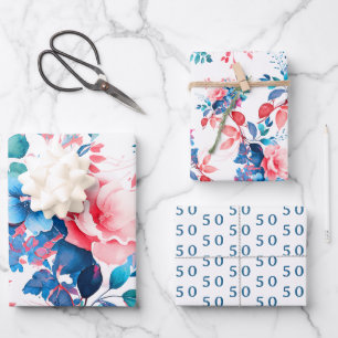 Feuille De Papier Cadeau Elégante aquarelle chic florale 50e anniversaire