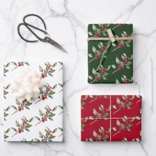 Feuille De Papier Cadeau Elégante aquarelle de Noël Botanique Rouge Vert