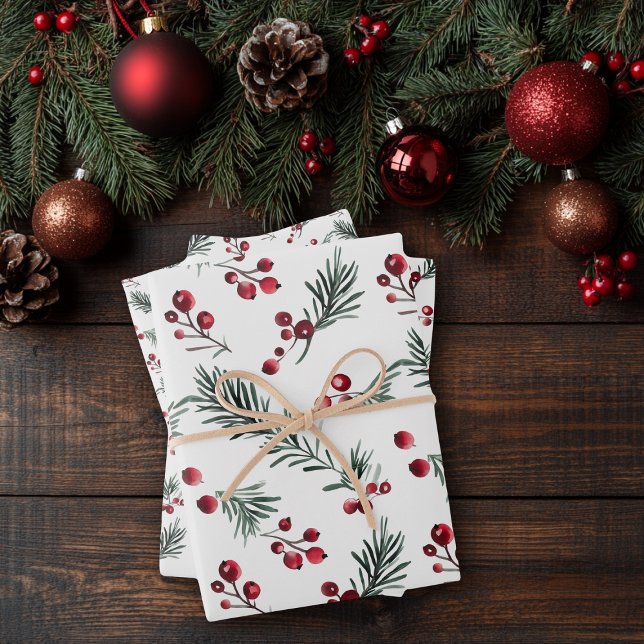 Feuille De Papier Cadeau Elégante aquarelle de Noël Pin rustique (Elegant Christmas Watercolor Rustic Pine Bough Wrapping Paper Sheets)