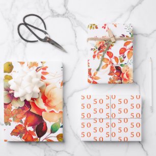 Feuille De Papier Cadeau Elégante Automne Aquarelle Automne Floral 50 Anniv