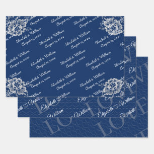 Feuille De Papier Cadeau Elégante dentelle florale sur Mariage bleu marine