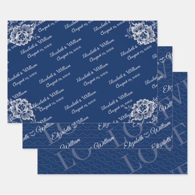 Feuille De Papier Cadeau Elégante dentelle florale sur Mariage bleu marine (Lot)