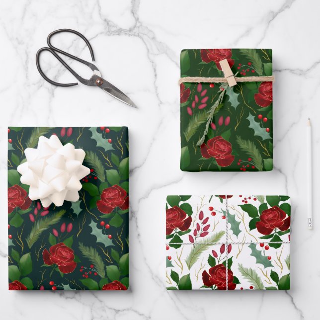 Feuille De Papier Cadeau Elégante fausse or aquarelle rose baies de pin (Recto)