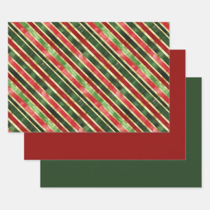 Feuille De Papier Cadeau Elégante Grilles Or Rouge Vert Noël