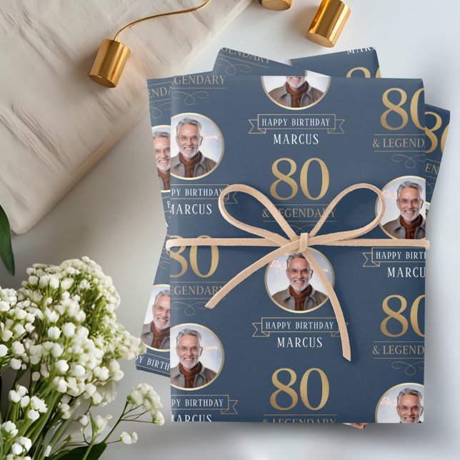 Feuille De Papier Cadeau Elégante Marine & Gold 80e & Légendaire Anniversai (Créateur téléchargé)