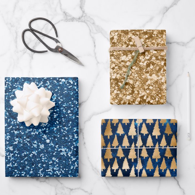 Feuille De Papier Cadeau Elégante Parties scintillant d'or Bleu Arbres de N (Recto)