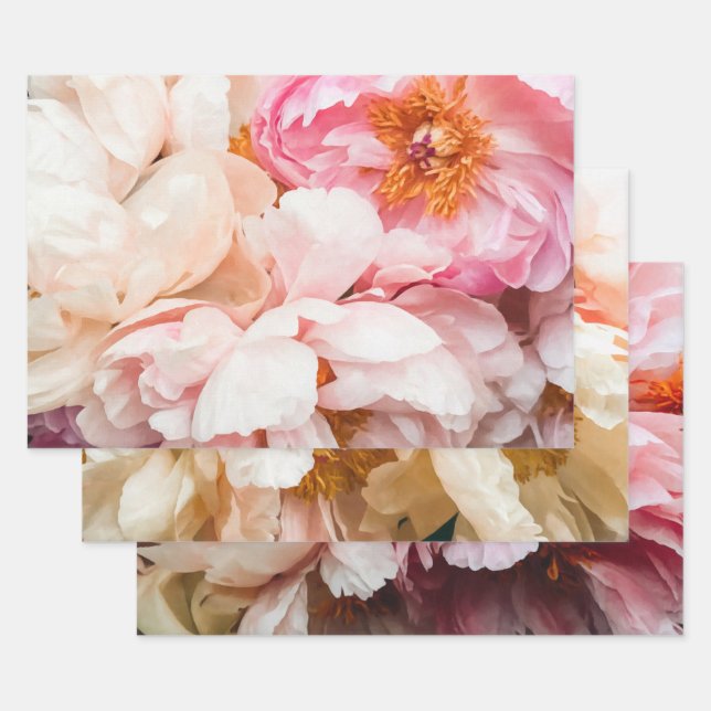 Feuille De Papier Cadeau Élégante Peonies roses, de pêche et de crème (Lot)