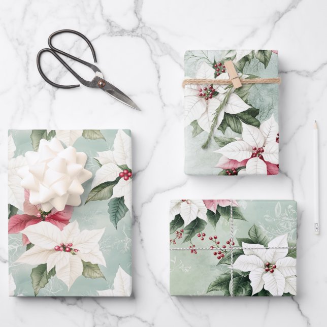 Feuille De Papier Cadeau Élégante Poinsettias de Noël Rose Blanc (Recto)
