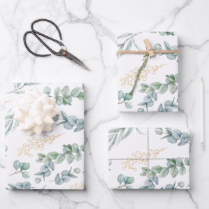 Feuille De Papier Cadeau Élégante verdure botanique vert sauge baies dorées