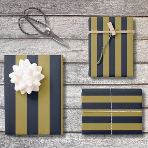 Feuille De Papier Cadeau Élégantes rayures verticales or et bleu marine