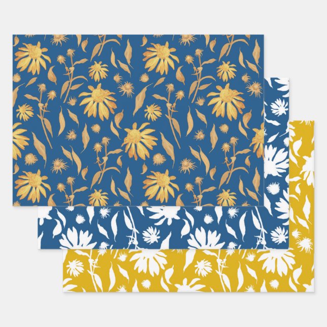 Feuille De Papier Cadeau Élégants Confleurs dessinés à la main bleu jaune (Lot)