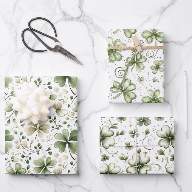 Feuille De Papier Cadeau Élégants motifs de trèfles verts à l'aquarelle (Créateur téléchargé)