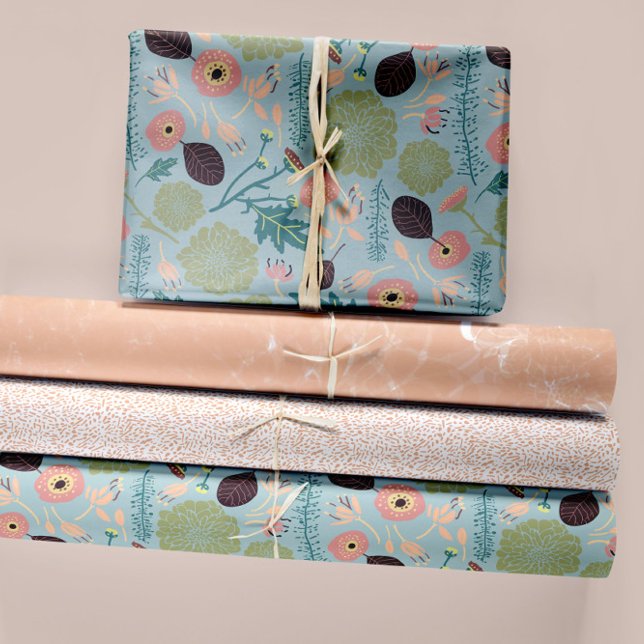 Feuille De Papier Cadeau Élégants motifs floraux Pêche bleue Fleurs vertes (Elegant Floral Patterns Blue Peach Green Flowers Wrapping Paper Sheets from Studio Posies. )