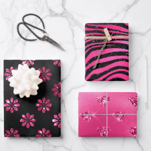 Feuille De Papier Cadeau Élégants motifs glamour rose et noir pailletés