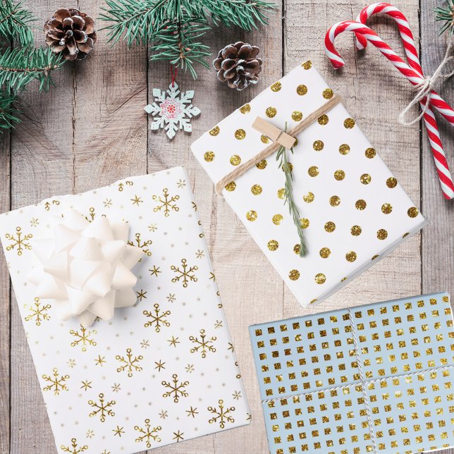 Feuille De Papier Cadeau Élégants Snowflakes Gold, Pois et Carré (Créateur téléchargé)
