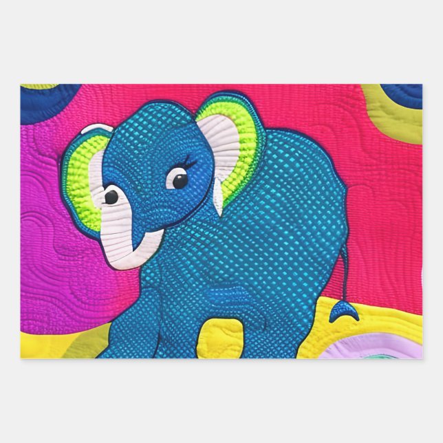 Feuille De Papier Cadeau Eléphant Bébé Bleu Cute - Design Quilt (Devant)
