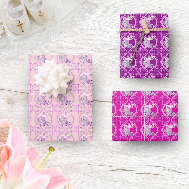 Feuille De Papier Cadeau Eléphant De Bébé Rose Avec La Colombe Et Le Baptêm (Créateur téléchargé)