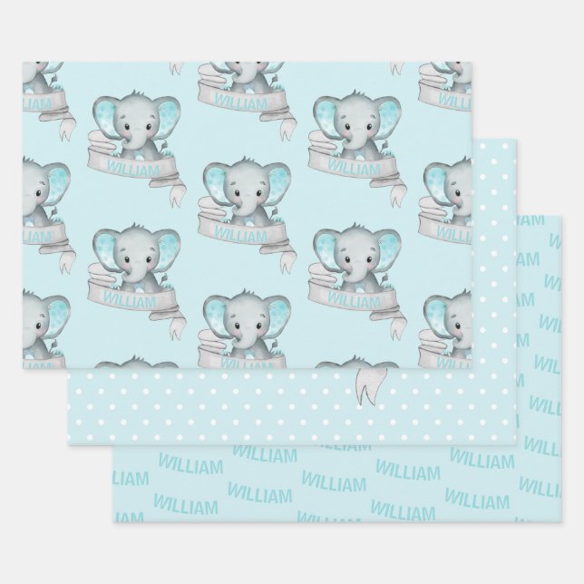 Feuille De Papier Cadeau Éléphant de nom personnalisé Bébé garçon bleu gris (Lot)