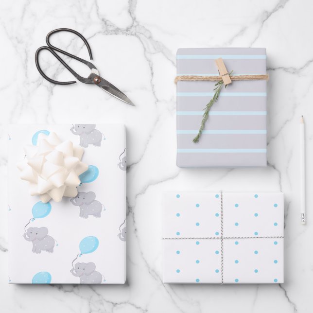 Feuille De Papier Cadeau Eléphant mignon avec ballon | Baby Boy (Recto)