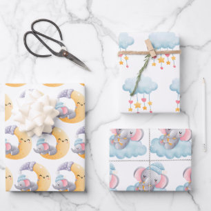 Feuille De Papier Cadeau Éléphanteau Lune Nuage Étoiles Cœurs Mignon