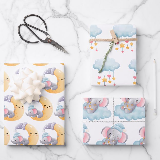 Feuille De Papier Cadeau Éléphanteau Lune Nuage Étoiles Cœurs Mignon (Recto)