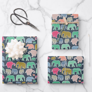Feuille De Papier Cadeau Eléphants Colorés, Motif Des Eléphants, Zigzag