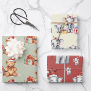 Feuille De Papier Cadeau Eléphants et ours pour Noël