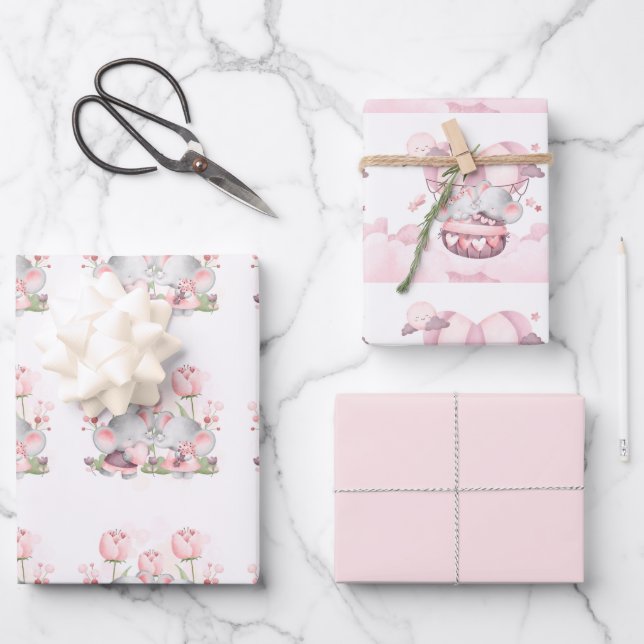 Feuille De Papier Cadeau Eléphants pour bébé de Saint Valentin (Recto)