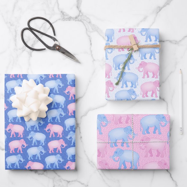 Feuille De Papier Cadeau Eléphants roses et bleus Baby Anniversaire ou douc (Recto)