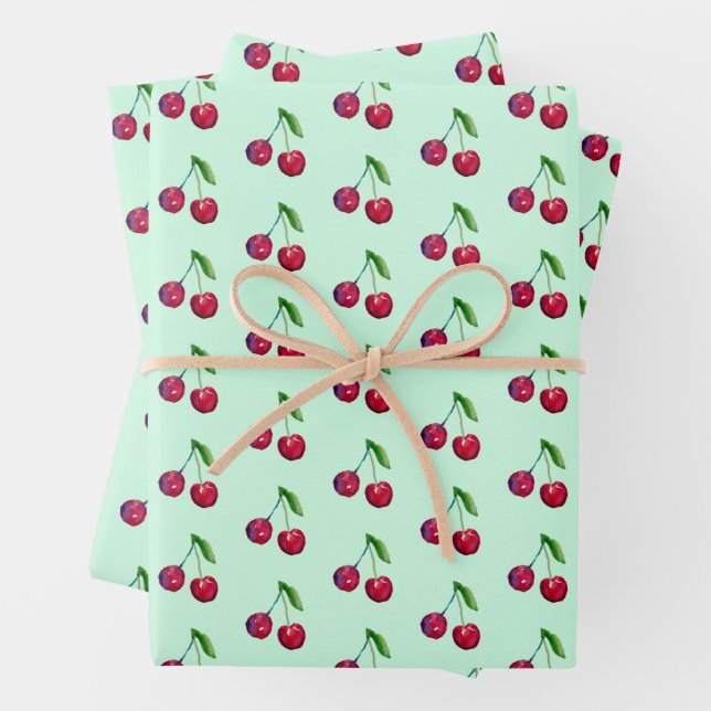 Feuille De Papier Cadeau Emballage Cerises Rouge Rétro Vert Menthe Noël (En situation)