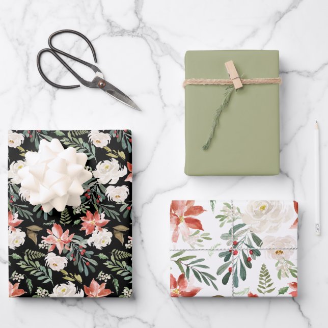 Feuille De Papier Cadeau Emballage de motifs floraux de Noël coordonné (Recto)