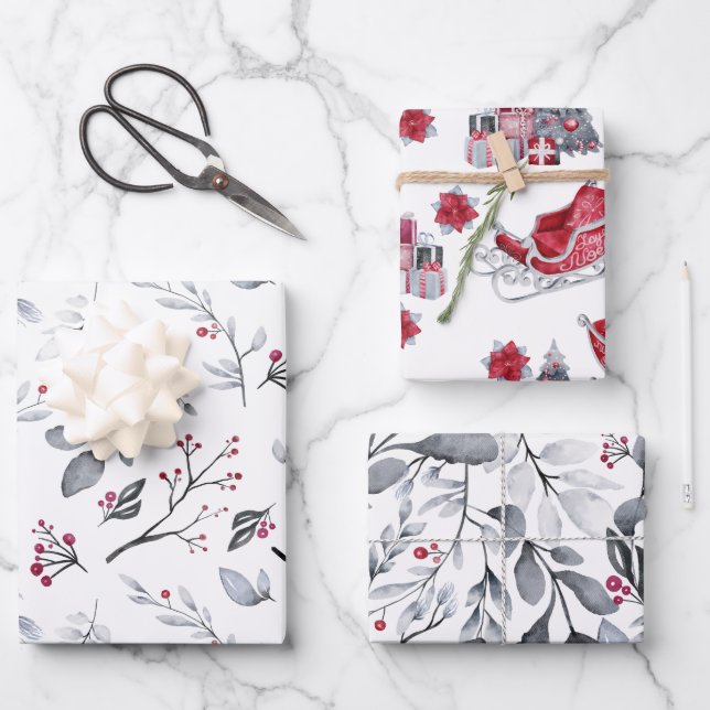 Feuille De Papier Cadeau Emballages de neige de Noël Branche de baies saiso (Recto)