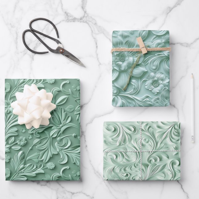 Feuille De Papier Cadeau Embossed Shades of Mint Green (Recto)