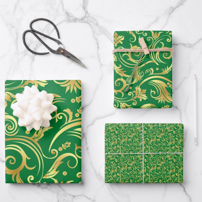 Feuille De Papier Cadeau Emerald Green et Gold Scrollwork (Recto)