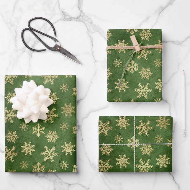 Feuille De Papier Cadeau Emerald Green et Gold Snowflakes Noël (Recto)