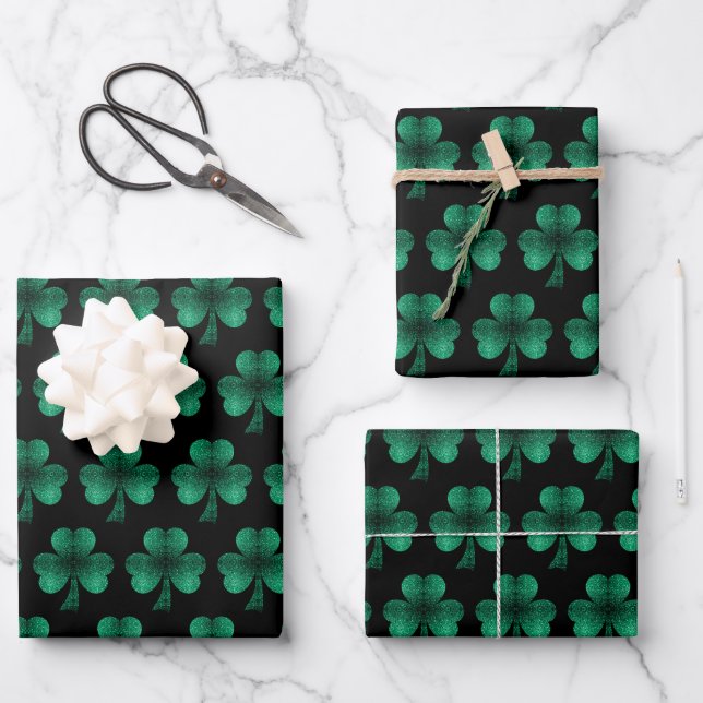 Feuille De Papier Cadeau Emerald Green Sparkles Shamrock motif noir (Recto)