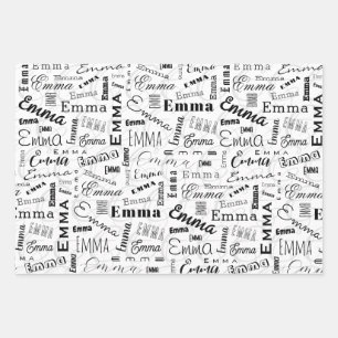Feuille De Papier Cadeau Emma Nom personnalisé Noir Blanc