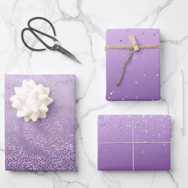 Feuille De Papier Cadeau Empreinte de léopard argenté violet ombre (Recto)