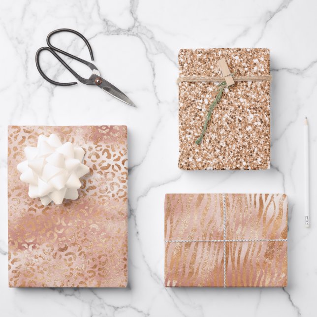 Feuille De Papier Cadeau Empreinte de léopard blanc Rose Peach (Recto)